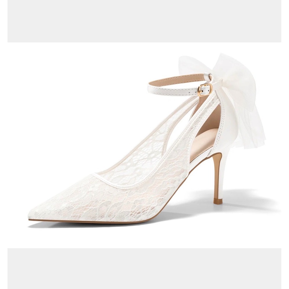 Womens Lace Pointed Toe Stiletto Heels Bow Ankle Strap White 7.5 Wedding Formal